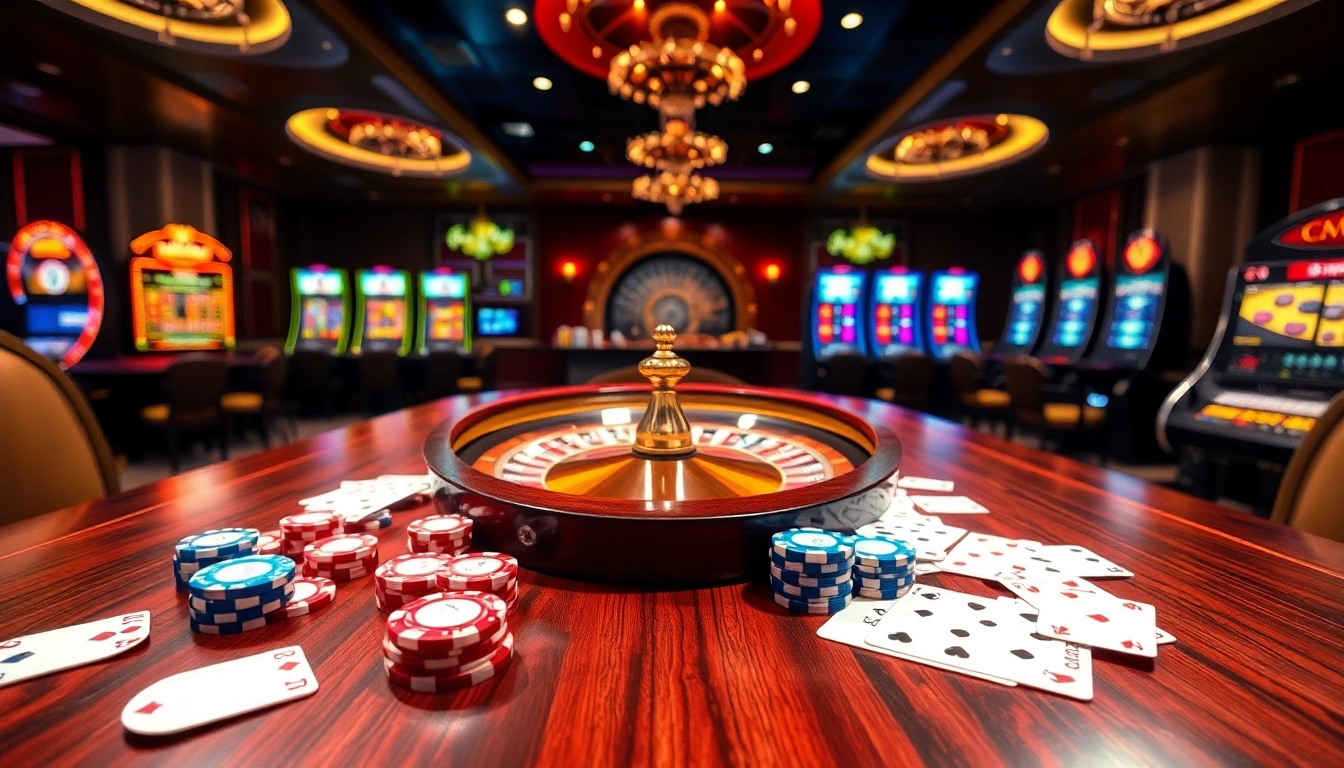 Rasakan sensasi situs deposit 5k di meja kasino yang ramai dengan kartu poker dan chip.