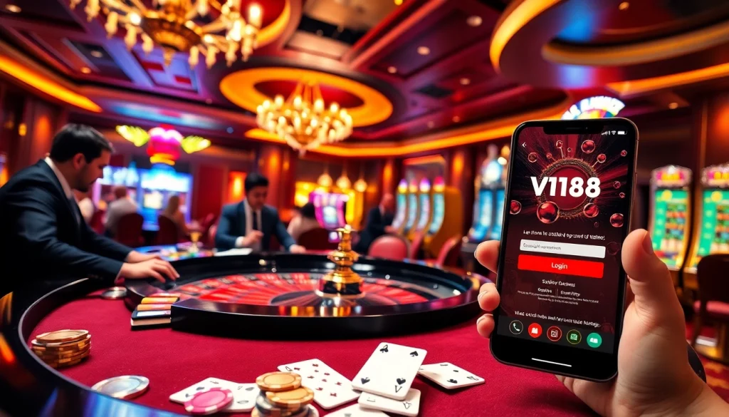 Engaging scene highlighting vn168 đăng nhập with players enjoying casino games and vibrant slot machines.