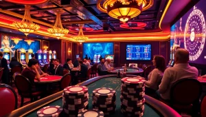 Betting enthusiasts enjoying a thrilling game at MK8 casino with vibrant atmosphere and poker tables.