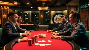 Players engaged in a high-stakes poker game at a luxurious casino featuring onicplay gambling elements.