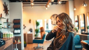 Expert stylist at addendum salon applying highlights in a welcoming, eco-friendly setting.