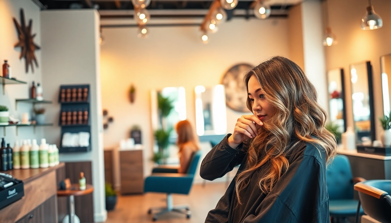 Expert stylist at addendum salon applying highlights in a welcoming, eco-friendly setting.