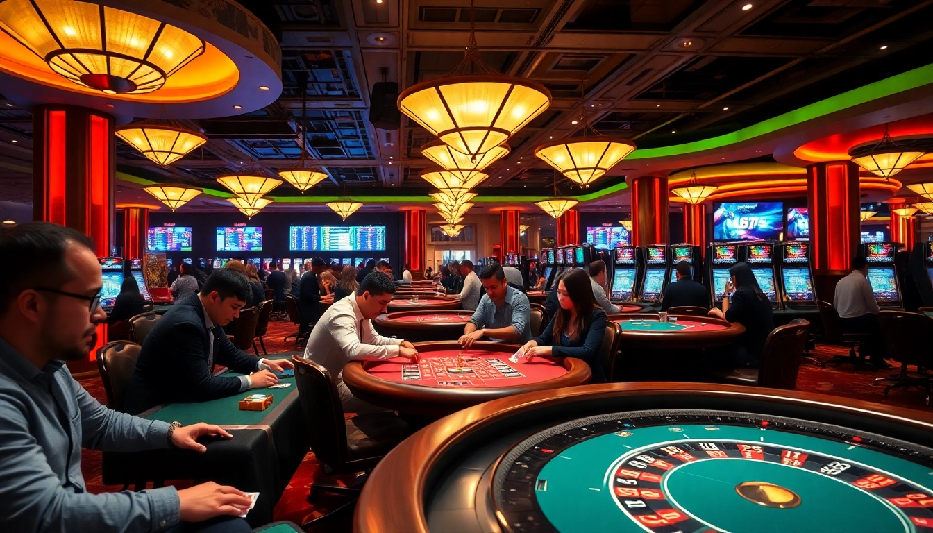 Engaging scene at cs2 gambling sites featuring players at casino tables with vibrant lights.