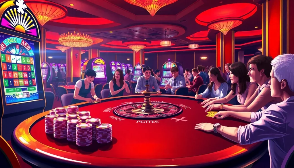SODO CASINO features players at a vibrant poker table surrounded by colorful chips and a roulette wheel.