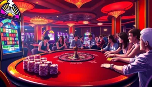 SODO CASINO features players at a vibrant poker table surrounded by colorful chips and a roulette wheel.