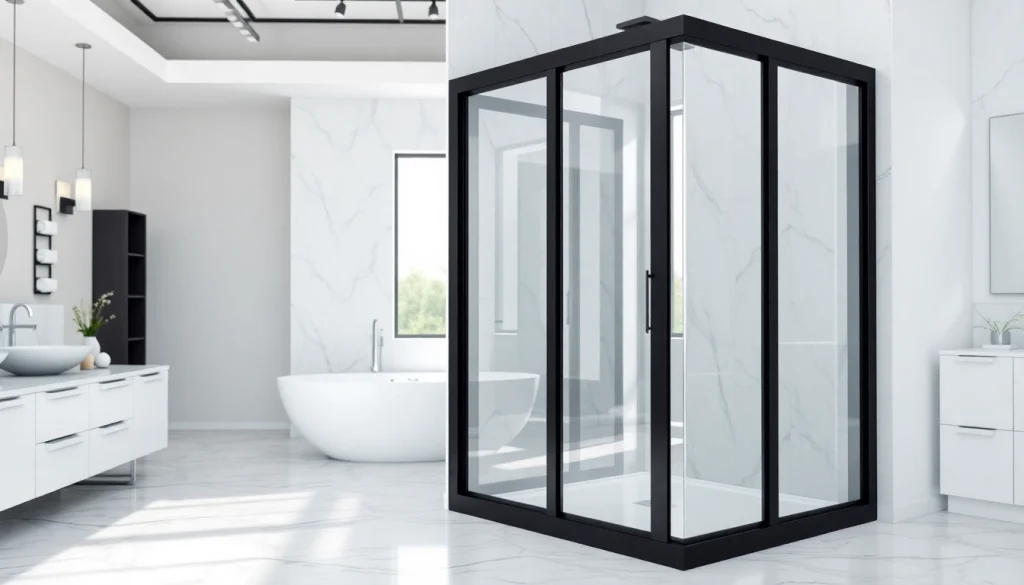 Enhance your bathroom with a stylish shower door black frame framed by marble tiles and modern decor.