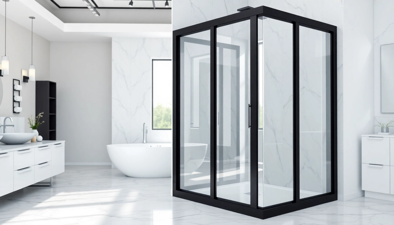 Enhance your bathroom with a stylish shower door black frame framed by marble tiles and modern decor.