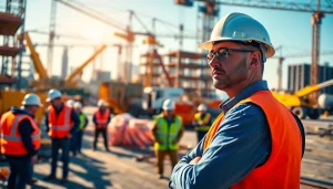 New Jersey Construction Manager supervising a busy construction site with cranes and team workers.