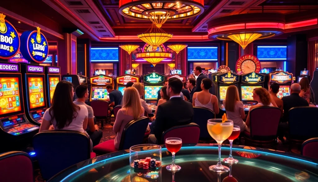 IDN slot players enjoying vibrant slot machines in a luxurious casino setting
