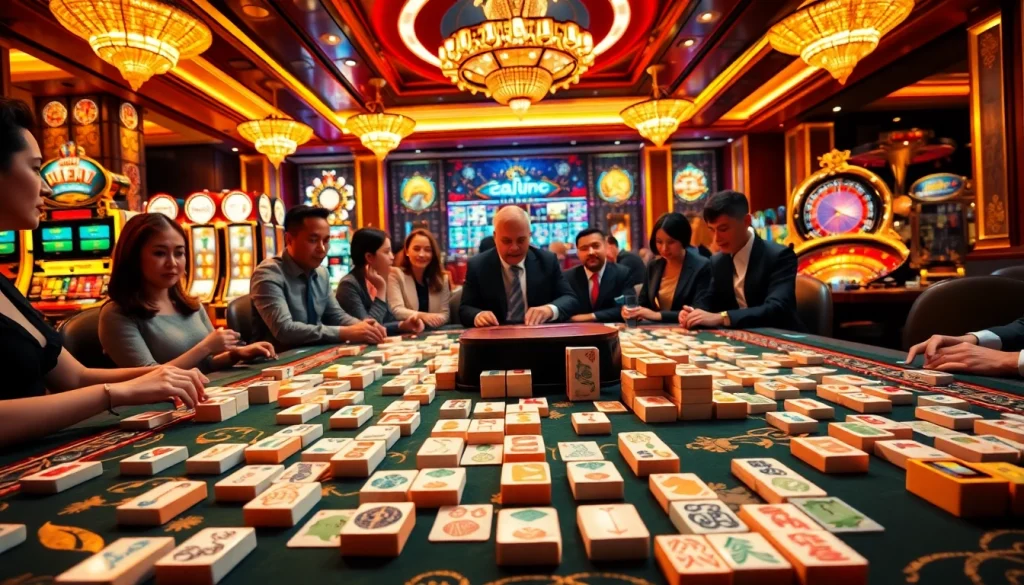 Engage in link mahjong action at a luxurious casino table with vibrant tiles.