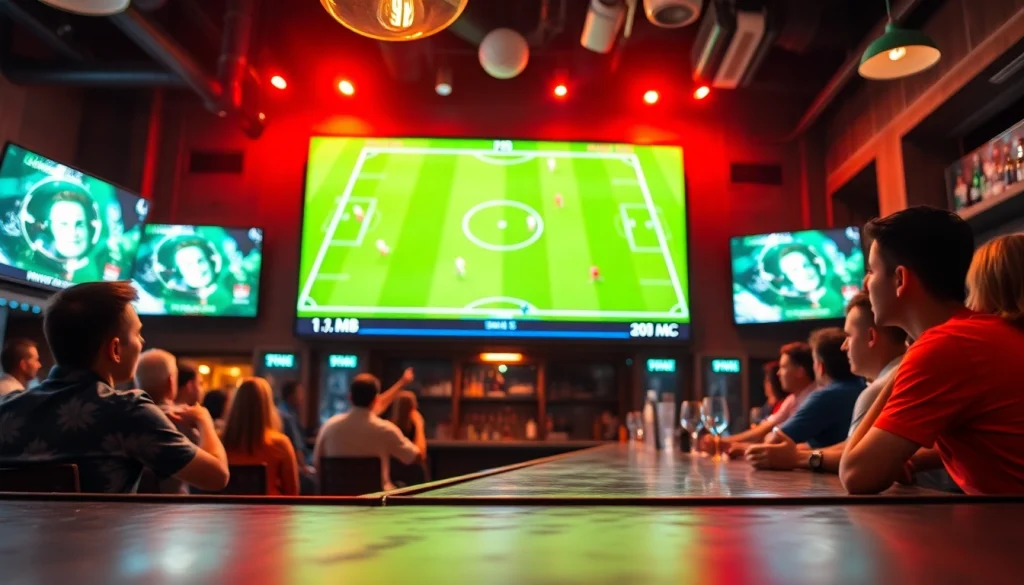 Catch live soccer updates with ผลบอลสดthscore displayed on a bustling sports bar scoreboard.
