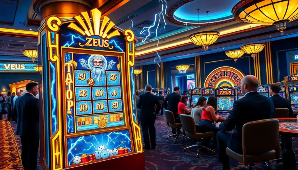 Exciting gameplay on the Zeus slot machine in a luxurious casino atmosphere.
