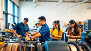 Students actively learning at trade schools oahu with hands-on training in a vibrant classroom.