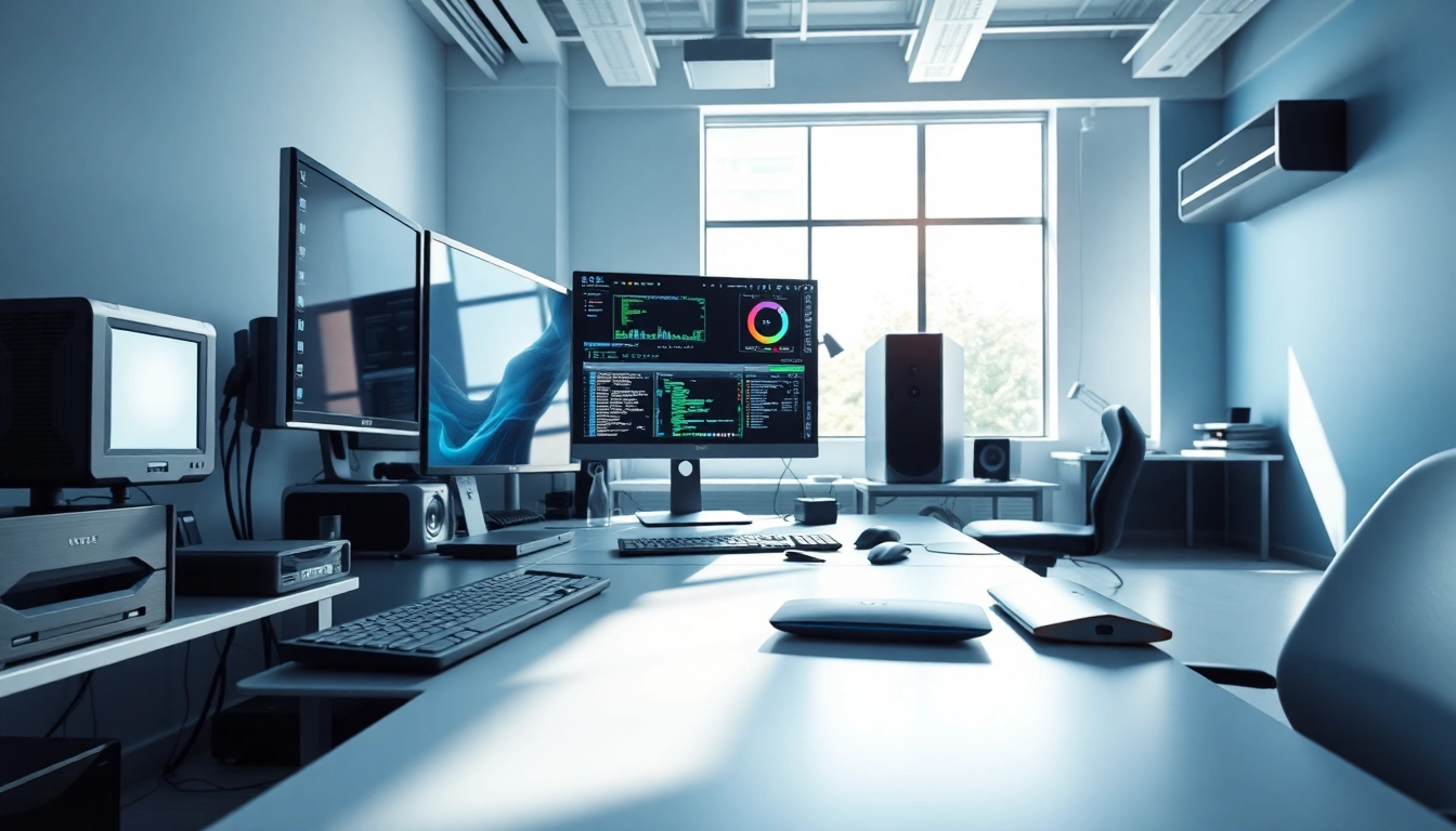 zirvegrupbilgisayar'da modern ofis alanını gösteren yüksek teknoloji ürünleri.