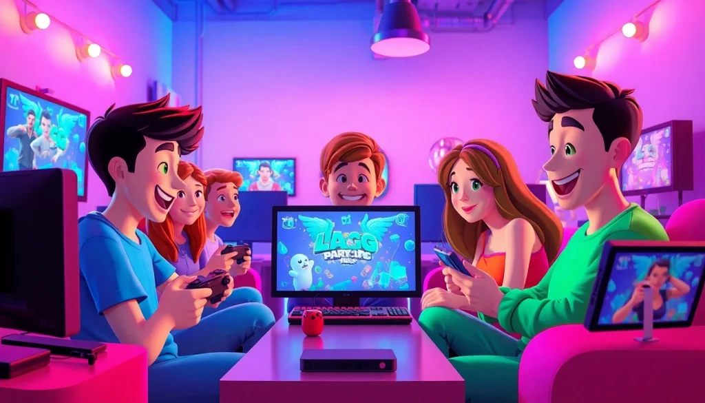 Playful scene of animated characters engaging with free porn games on desktop and mobile devices.