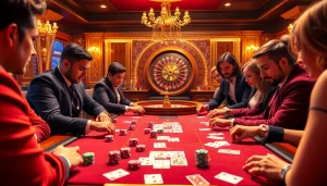Exciting poker action at a casino table with indoxxi-themed elements, showcasing thrilling gameplay.