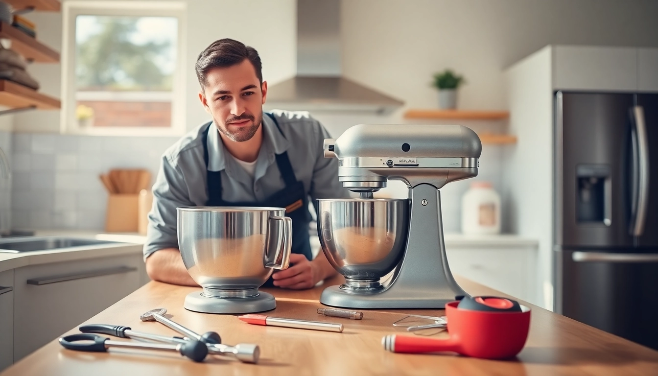 Expert performing kitchenaid appliance repair ottawa on a KitchenAid mixer in a well-lit kitchen.