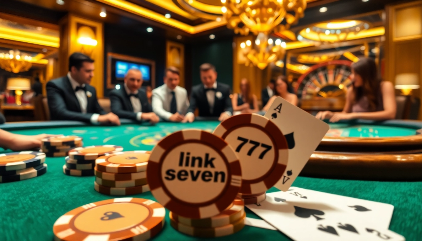 Engaging poker action at a high-stakes table with a classy atmosphere showcasing link seven77.