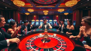 Experience excitement at RR88's glamorous casino with players embracing fortune.