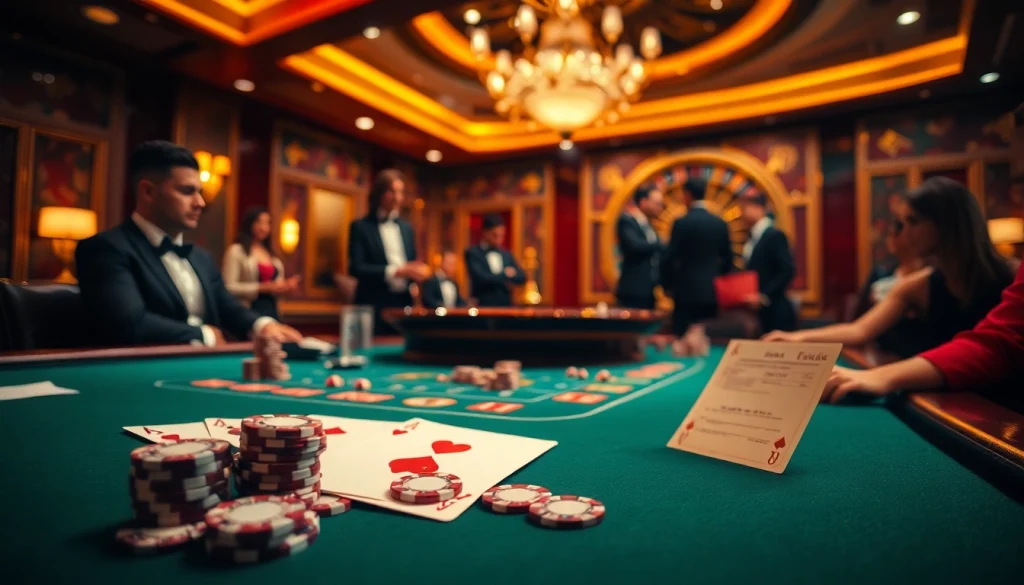 Engaging players at a luxurious table, as sc88-themed poker chips shine in the casino.