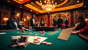 Engaging players at a luxurious table, as sc88-themed poker chips shine in the casino.