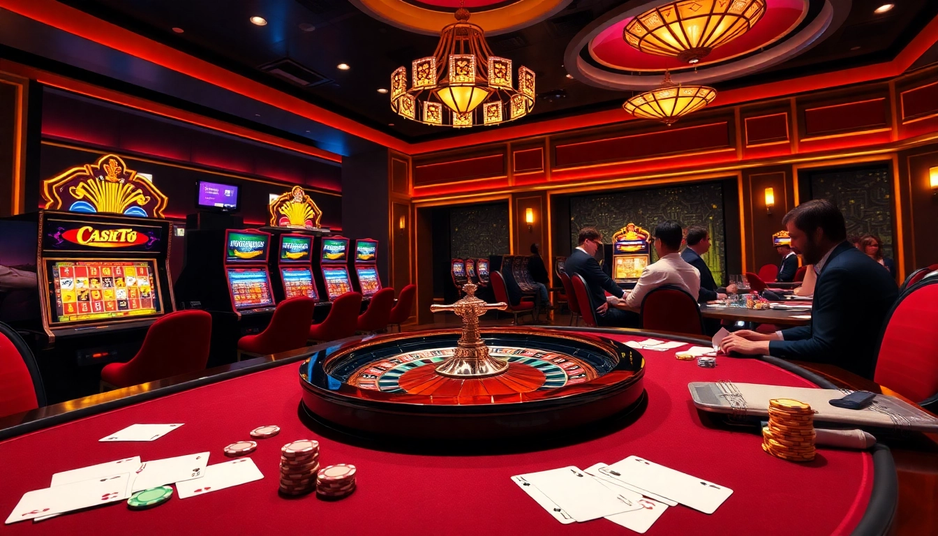 Tk88 casino scene with players at a slot machine and poker table, exuding luxury and excitement.