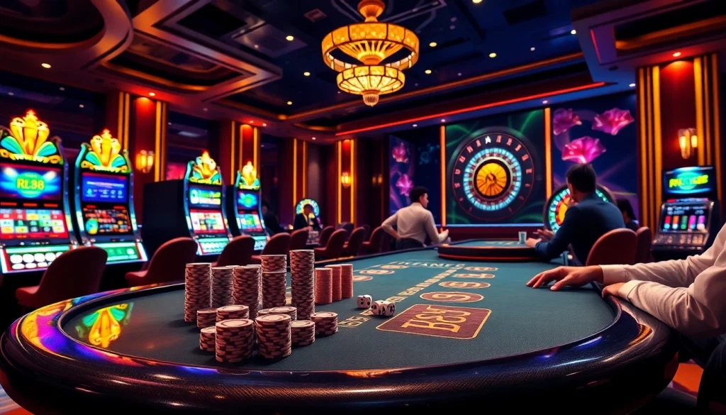 Experience the thrill of gambling with nhà cái rr88 in a vibrant casino scene featuring poker games and slot machines.