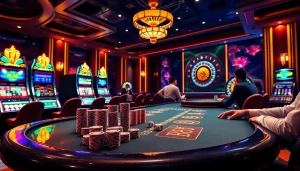 Experience the thrill of gambling with nhà cái rr88 in a vibrant casino scene featuring poker games and slot machines.