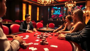 Experience the thrill of NK88 bet at a glamorous casino table with poker chips and vibrant players.