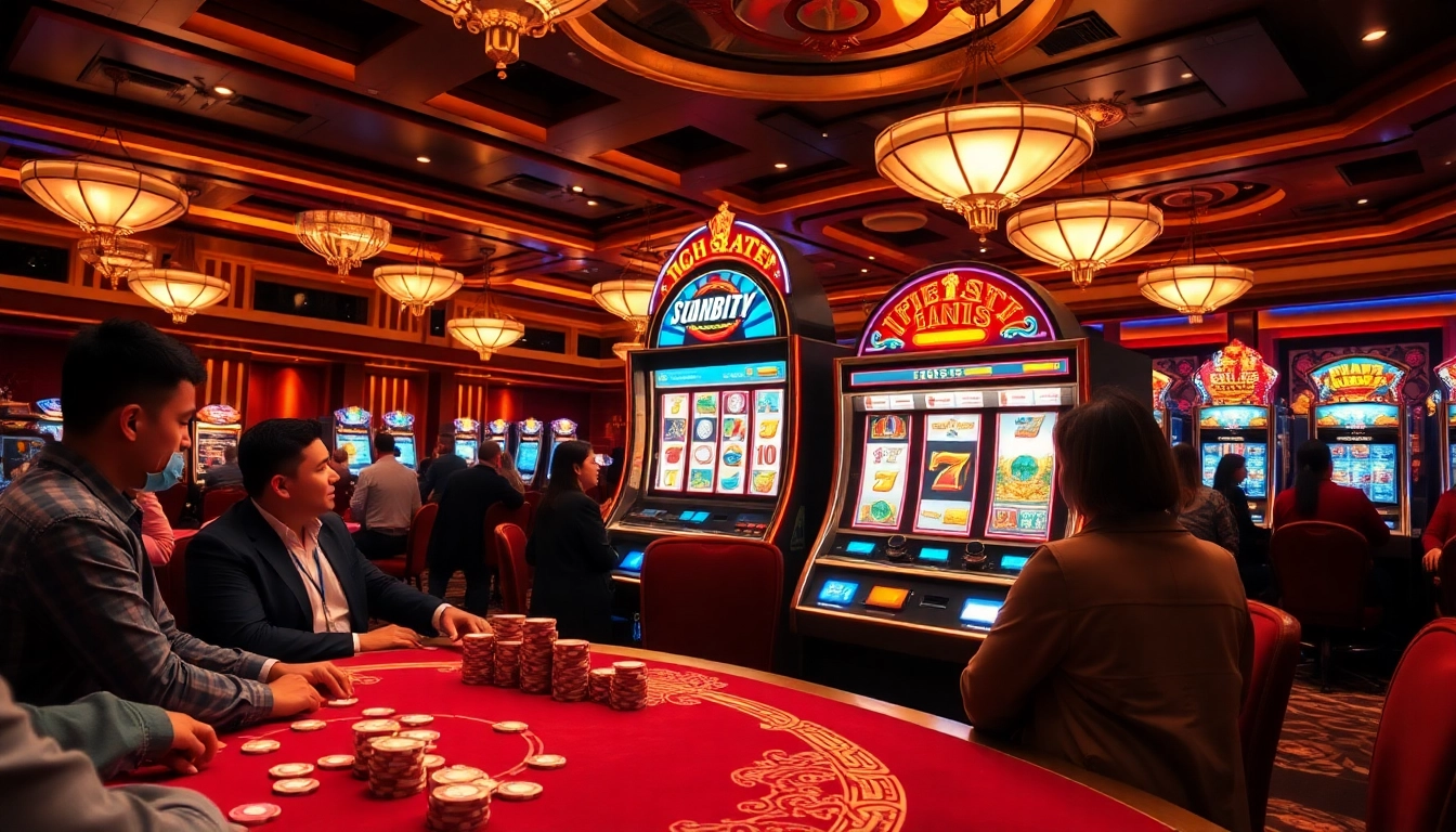 Mengundang pemain di kasino mewah dengan mesin slot deposit pulsa yang menampilkan kemenangan berwarna-warni.