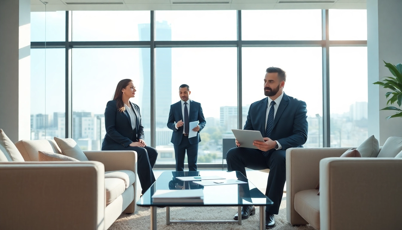 Eminent domain lawyer consulting with a client in a modern office environment, showcasing professionalism.