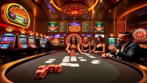 Players enjoying high-stakes gaming at 7upbet's luxurious casino table with poker chips and cards.