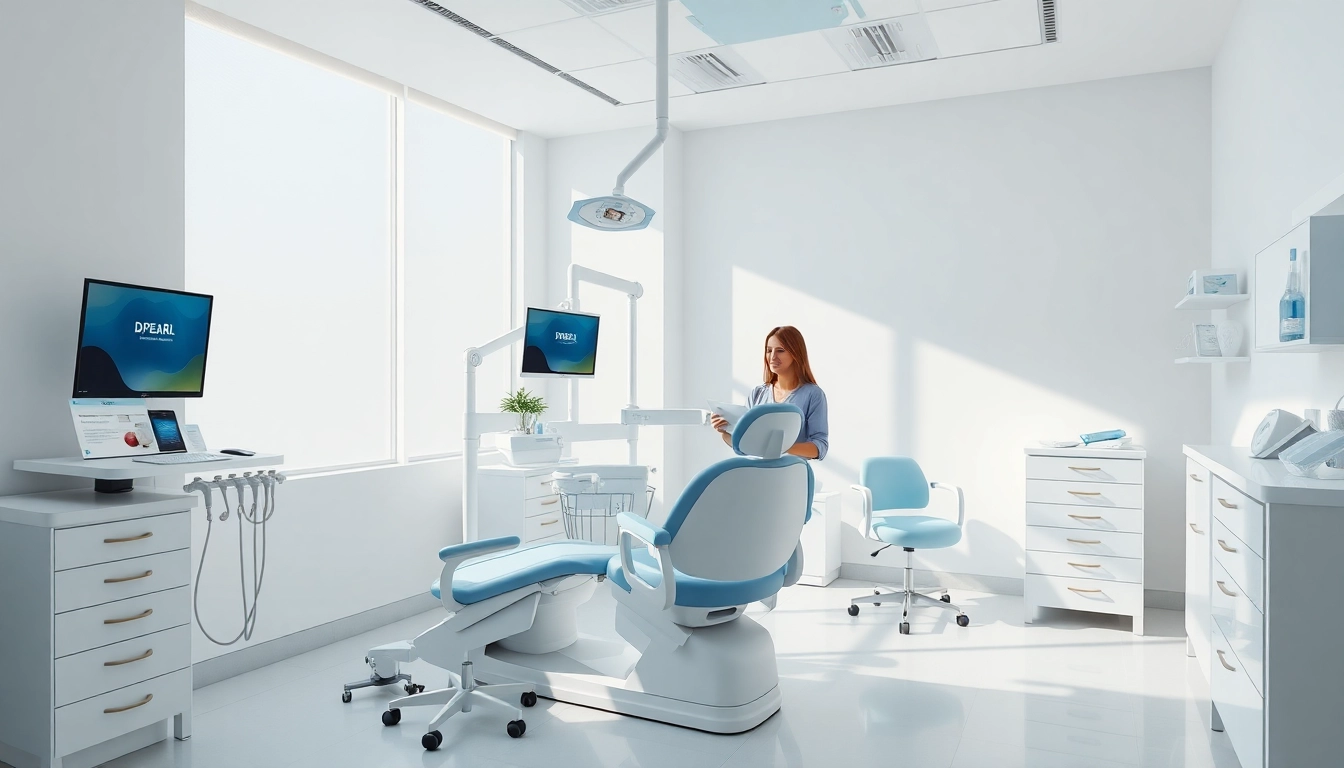 DPEARL 口コミ showcasing a modern dental clinic with a friendly staff member and advanced dental equipment.