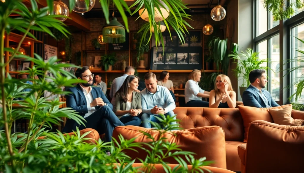 Visiteurs du Weed Club Madrid profitant d'une ambiance décontractée avec des plantes vertes luxuriantes.
