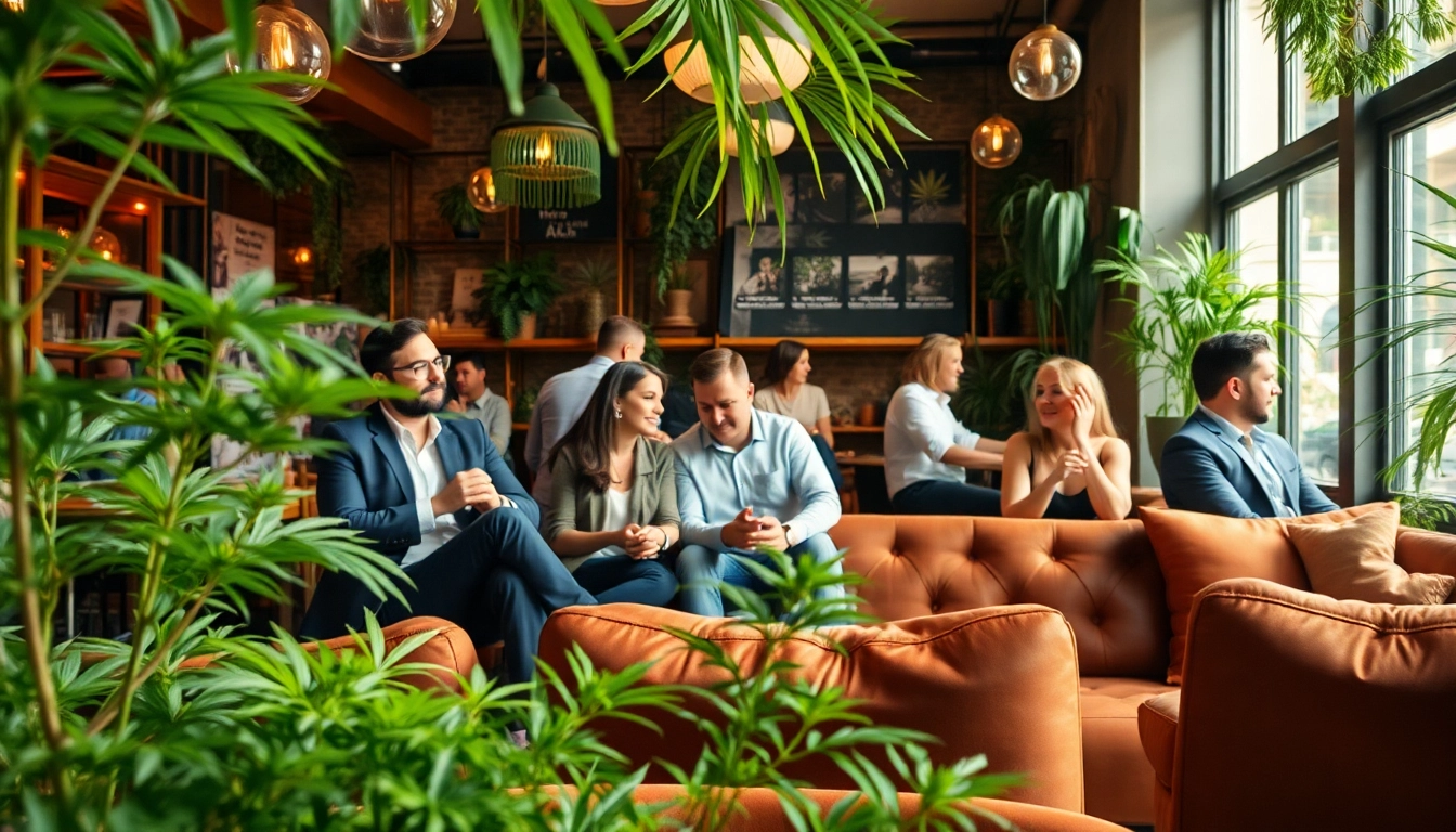 Visiteurs du Weed Club Madrid profitant d'une ambiance décontractée avec des plantes vertes luxuriantes.