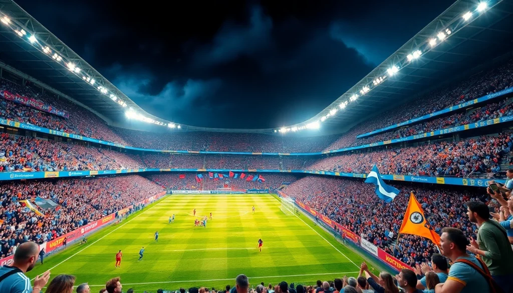 أجواء مباراة كورا لايف لكرة القدم مع جماهير متحمسة ولاعبين ديناميكيين.
