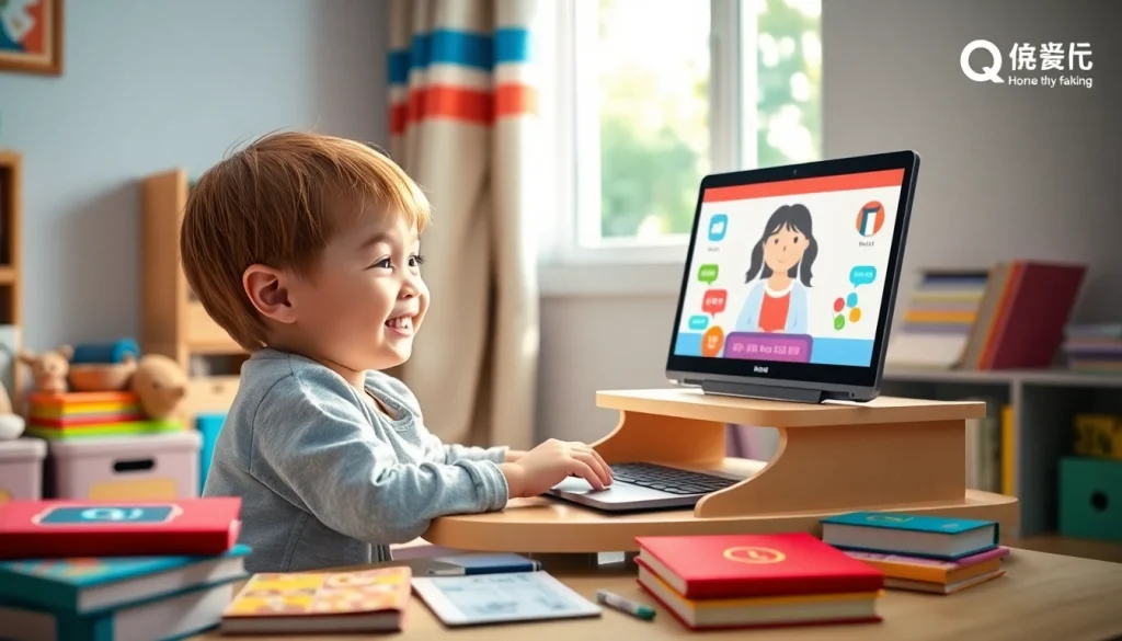 QQキッズ料金と子ども向けオンライン英語レッスンを紹介する、魅力的な家庭での学習シーン。