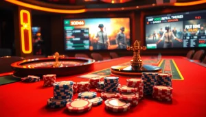 SODO66's luxurious online casino ambiance with vibrant poker chips, cards, and a roulette wheel.