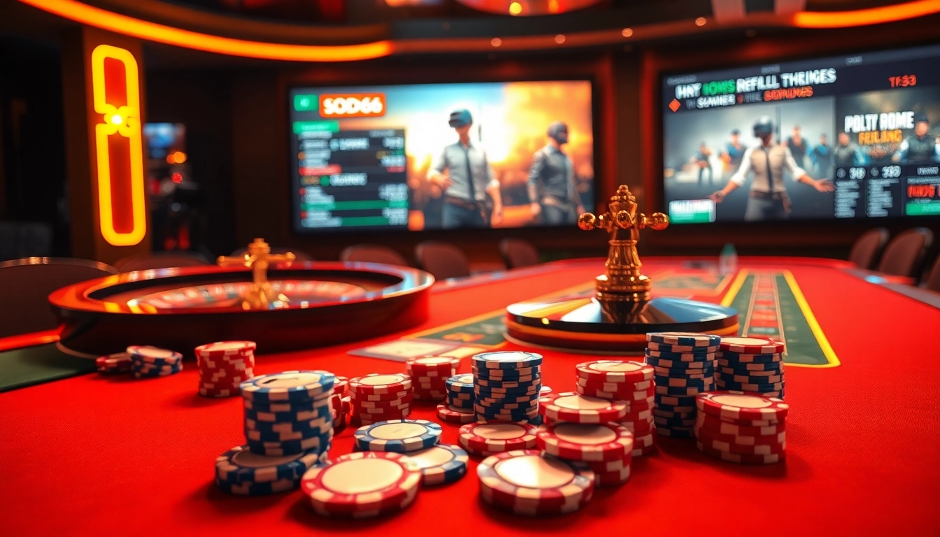 SODO66's luxurious online casino ambiance with vibrant poker chips, cards, and a roulette wheel.