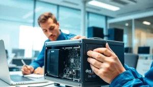 Inspecting the innovative das 142 device in a modern office environment for precision and reliability.