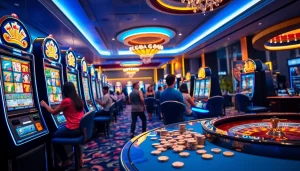 Players enjoying slot deposit pulsa machines in a vibrant and luxurious casino setting.