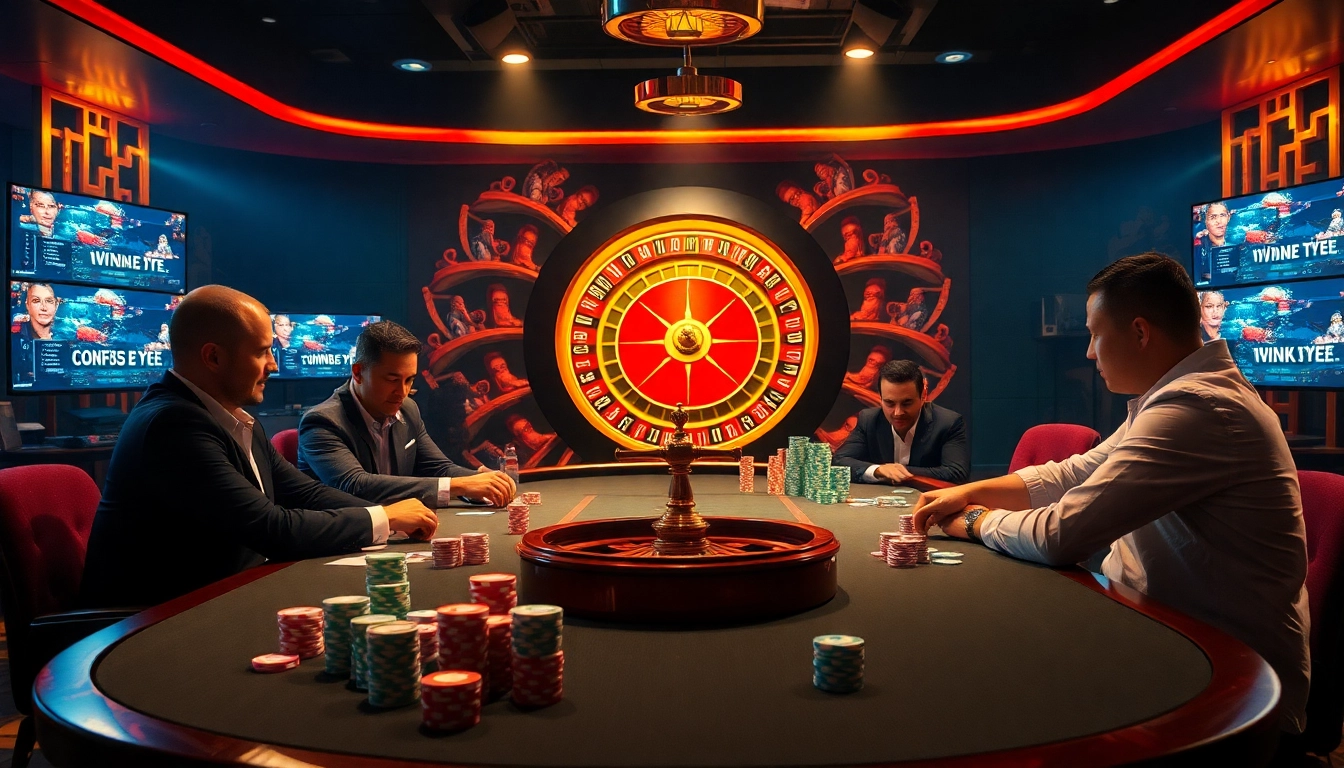 Sbobet betting excitement at a luxurious casino poker table, showcasing vibrant chips and intense players.