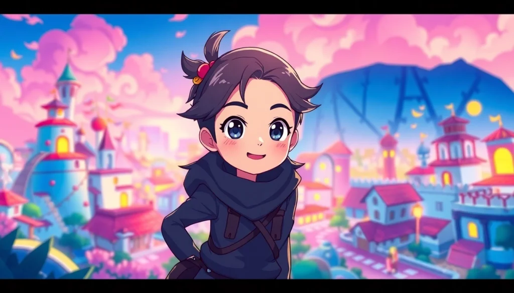 뉴토끼의 독특한 웹툰 캐릭터가 있는 화려한 풍경을 강조하는 이미지