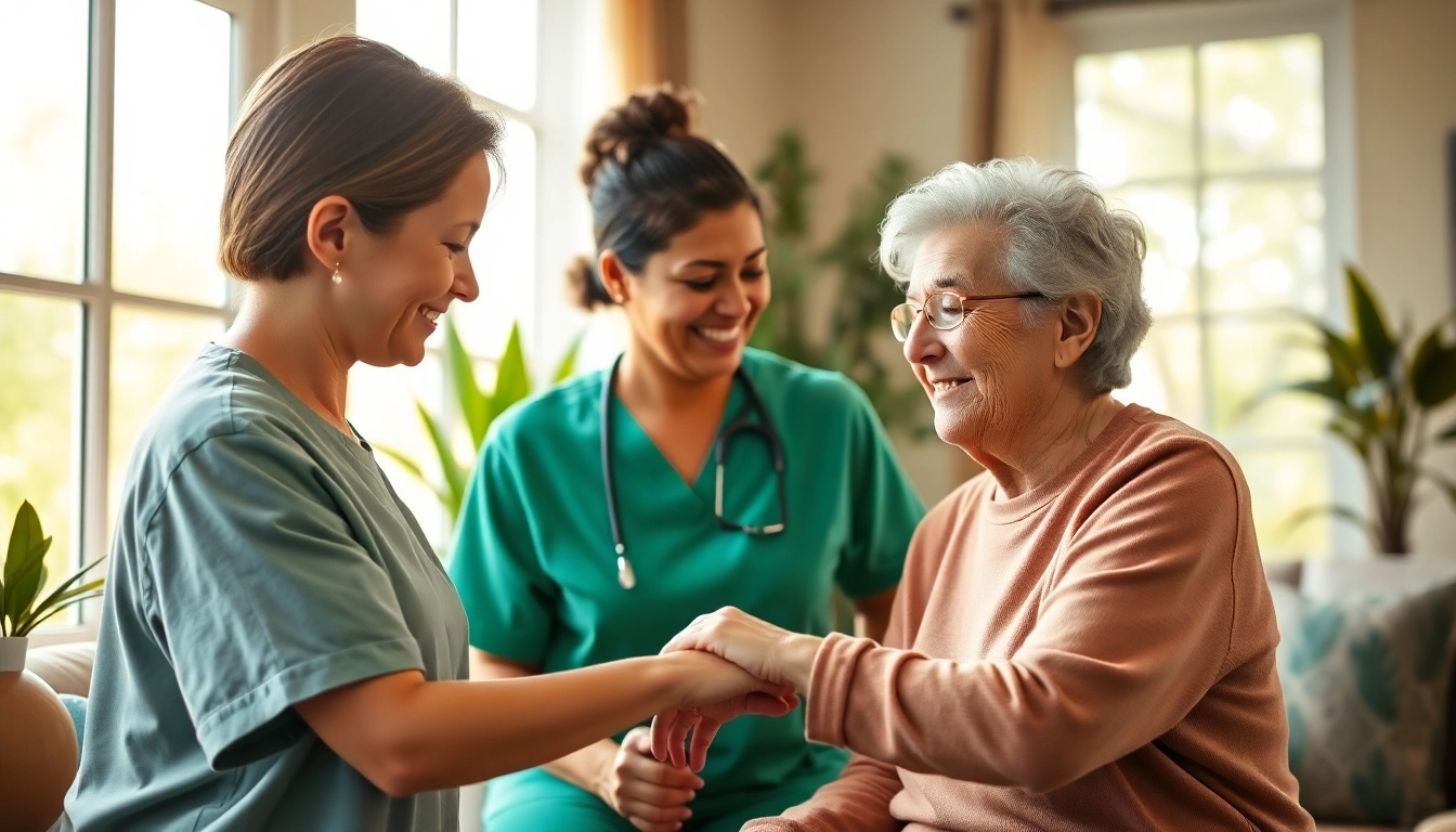 Engaging scene of senior care austin tx with caregivers providing compassionate support to elderly clients.