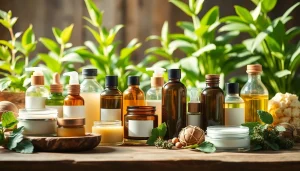 Naturali kosmetika su veido kremu ir aliejumi ant medinio stalo