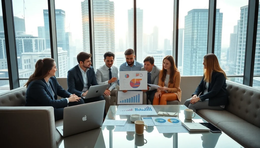 Visualize business growth insights through a diverse team analyzing strategies in a modern office.