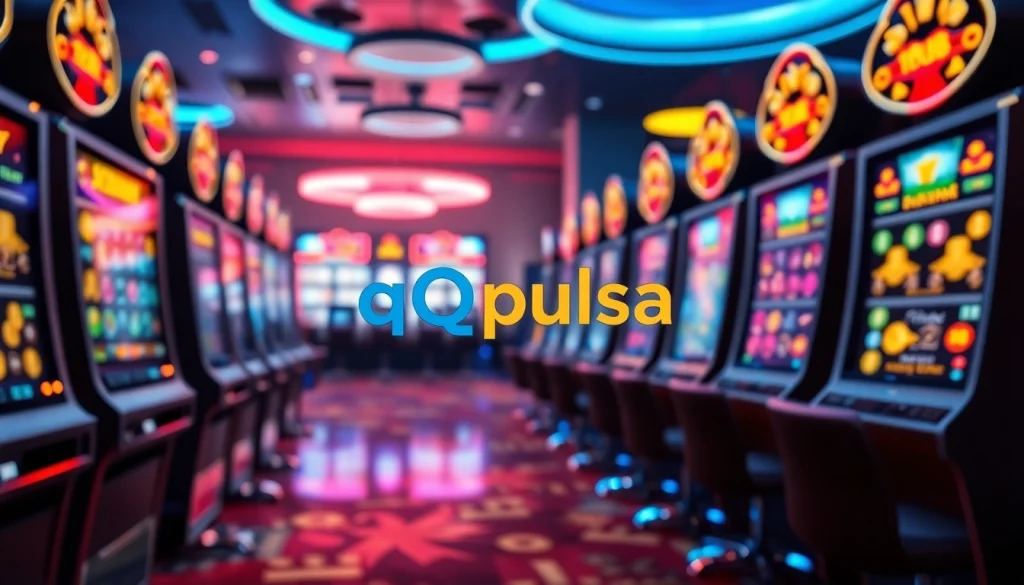 Menggambarkan logo qqpulsa dengan mesin slot di belakang, menunjukkan dunia permainan yang menarik.