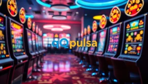Menggambarkan logo qqpulsa dengan mesin slot di belakang, menunjukkan dunia permainan yang menarik.