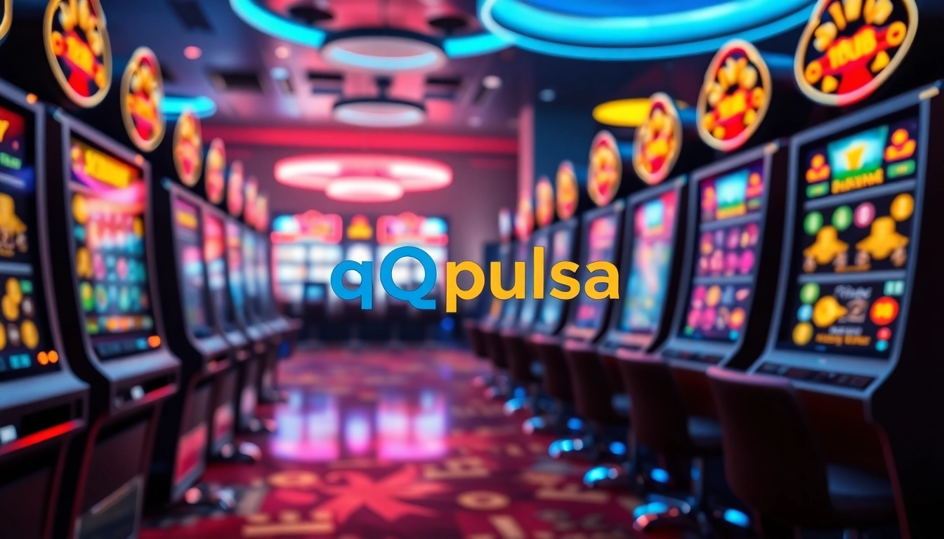 Menggambarkan logo qqpulsa dengan mesin slot di belakang, menunjukkan dunia permainan yang menarik.