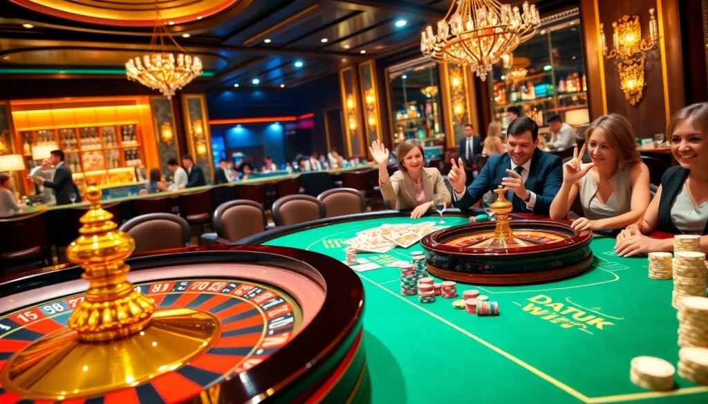 Rasakan kegembiraan kemenangan Datuk Win di kasino mewah dengan warna-warni yang hidup dan para pemain yang gembira.